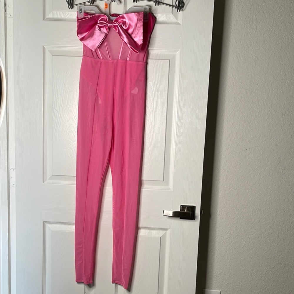 NWT Dress Decode LF Strapless bow bodysuit sheer net Jumpsuit with cut out back